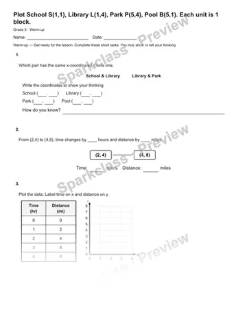 Plot School S(1,1), Library L(1,4), Park P(5,4), Pool B(5,1). Each unit is 1 block. — Warm-up — Grade 5 worksheet preview