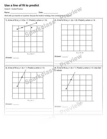 Use a line of fit to predict — Guided Practice — Grade 8 worksheet preview