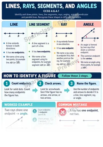 Knowledge Guide · Lines, Rays, Segments, and Angles — Grade 4 worksheet preview