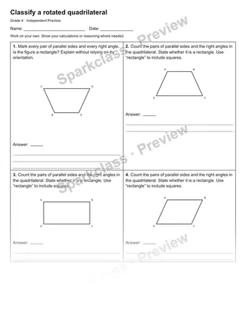 Classify a rotated quadrilateral — Independent Practice — Grade 4 worksheet preview