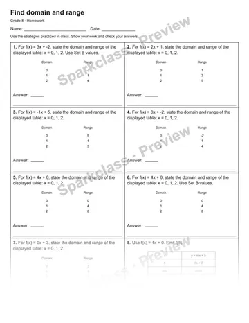 Find domain and range — Homework — Grade 8 worksheet preview