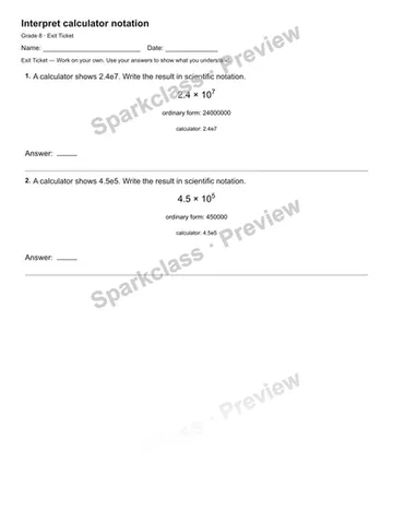 Interpret calculator notation — Exit Ticket — Grade 8 worksheet preview