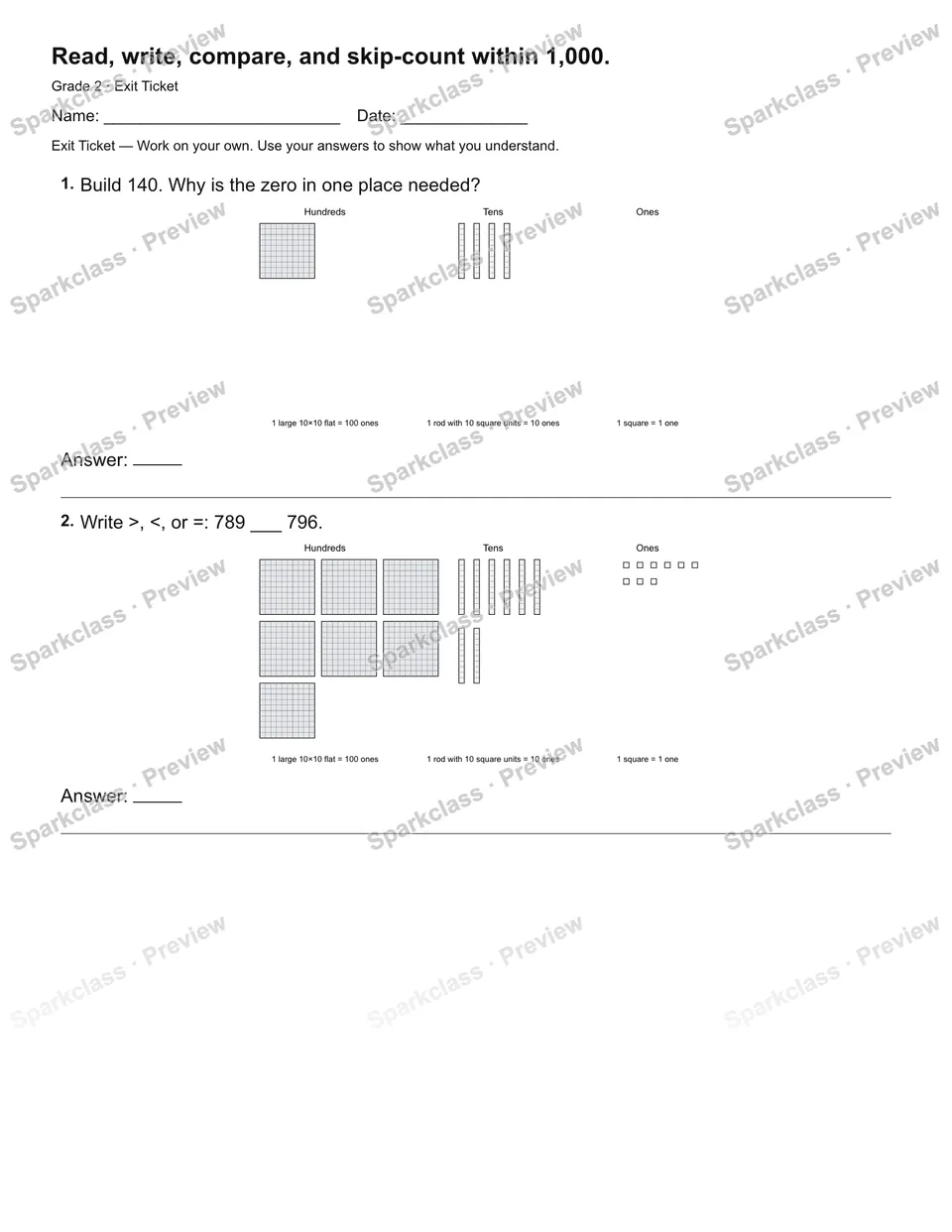 Read, write, compare, and skip-count within 1,000. — Exit Ticket — page 2