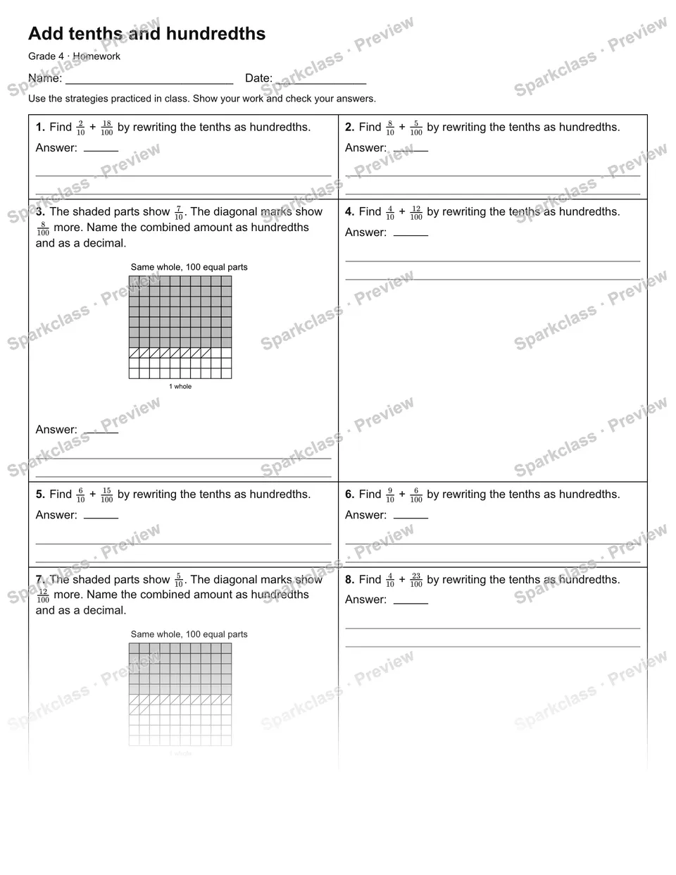 Add tenths and hundredths — Homework — page 1