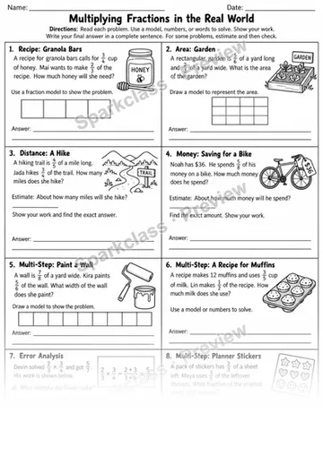 6 Multiply Fraction Word Problems — Grade 5 worksheet preview