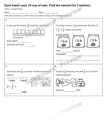 Each batch uses 34 cup of oats. Find the amount for 2 batches. — Guided Practice — Grade 5 worksheet preview
