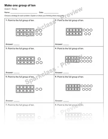 Make one group of ten — Review — Kindergarten worksheet preview
