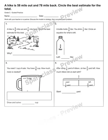 A hike is 58 mile out and 78 mile back. Circle the best estimate for the total. — Guided Practice — Grade 5 worksheet preview