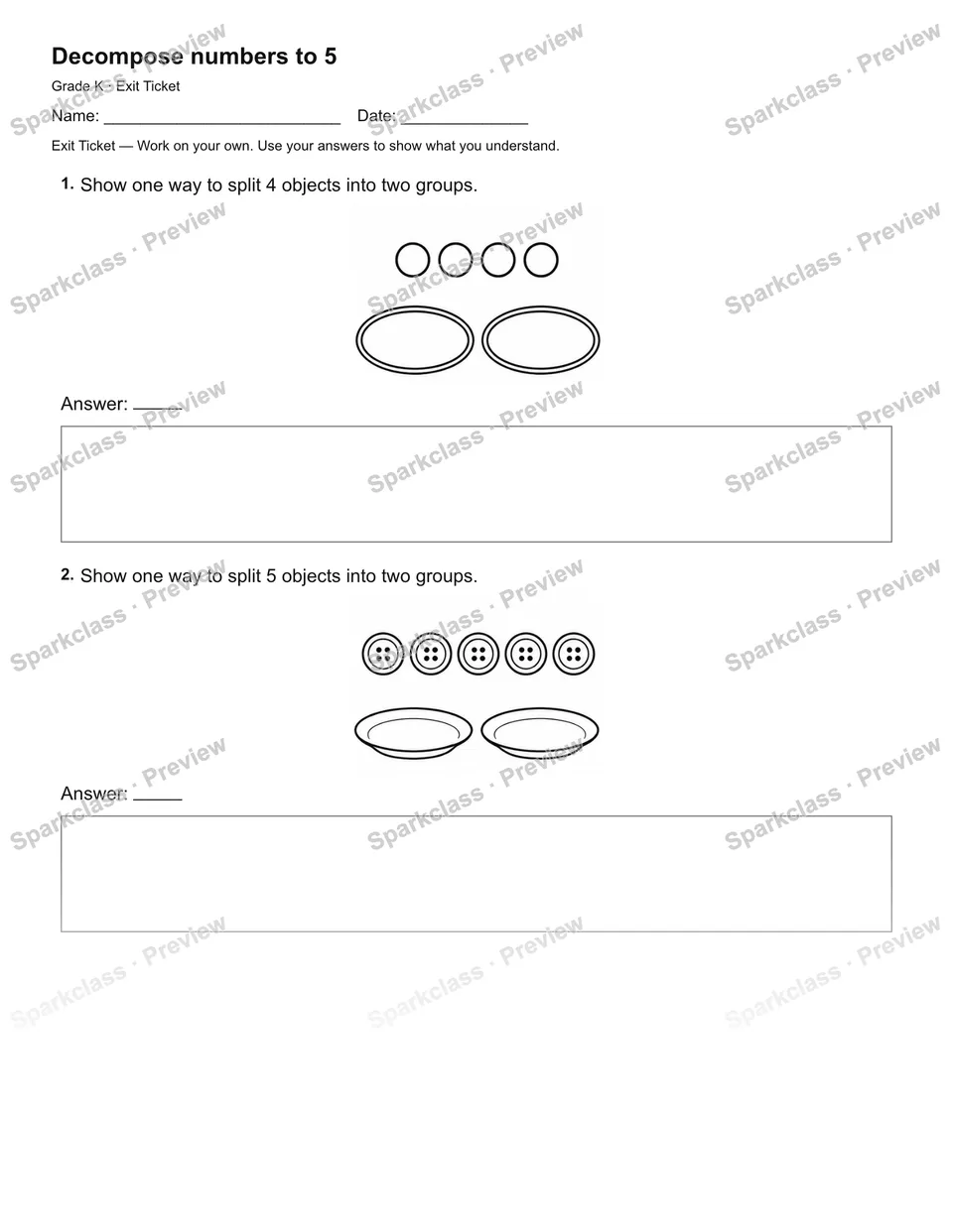 Decompose numbers to 5 — Exit Ticket — page 2