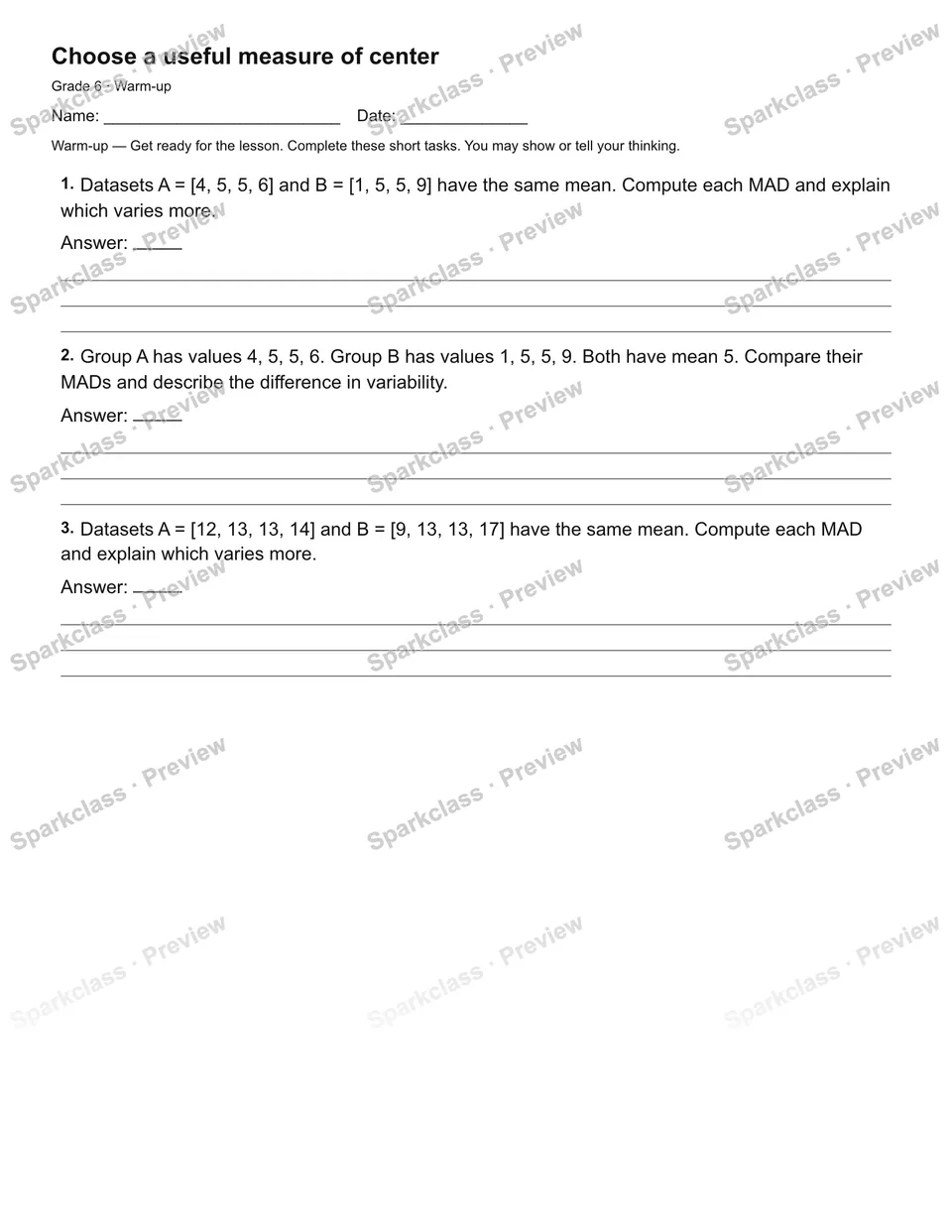 Choose a useful measure of center — Warm-up — page 2