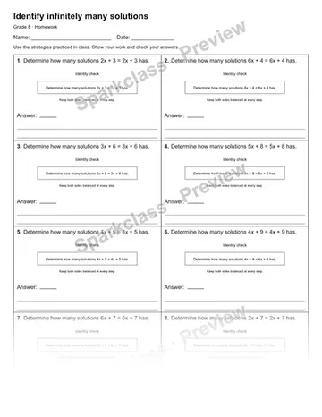 Identify infinitely many solutions — Homework — Grade 8 worksheet preview