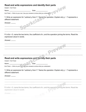 Read and write expressions and identify their parts — Exit Ticket — Grade 6 worksheet preview