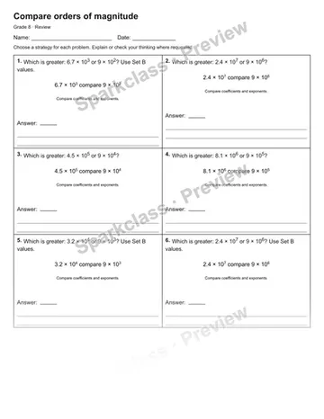Compare orders of magnitude — Review — Grade 8 worksheet preview
