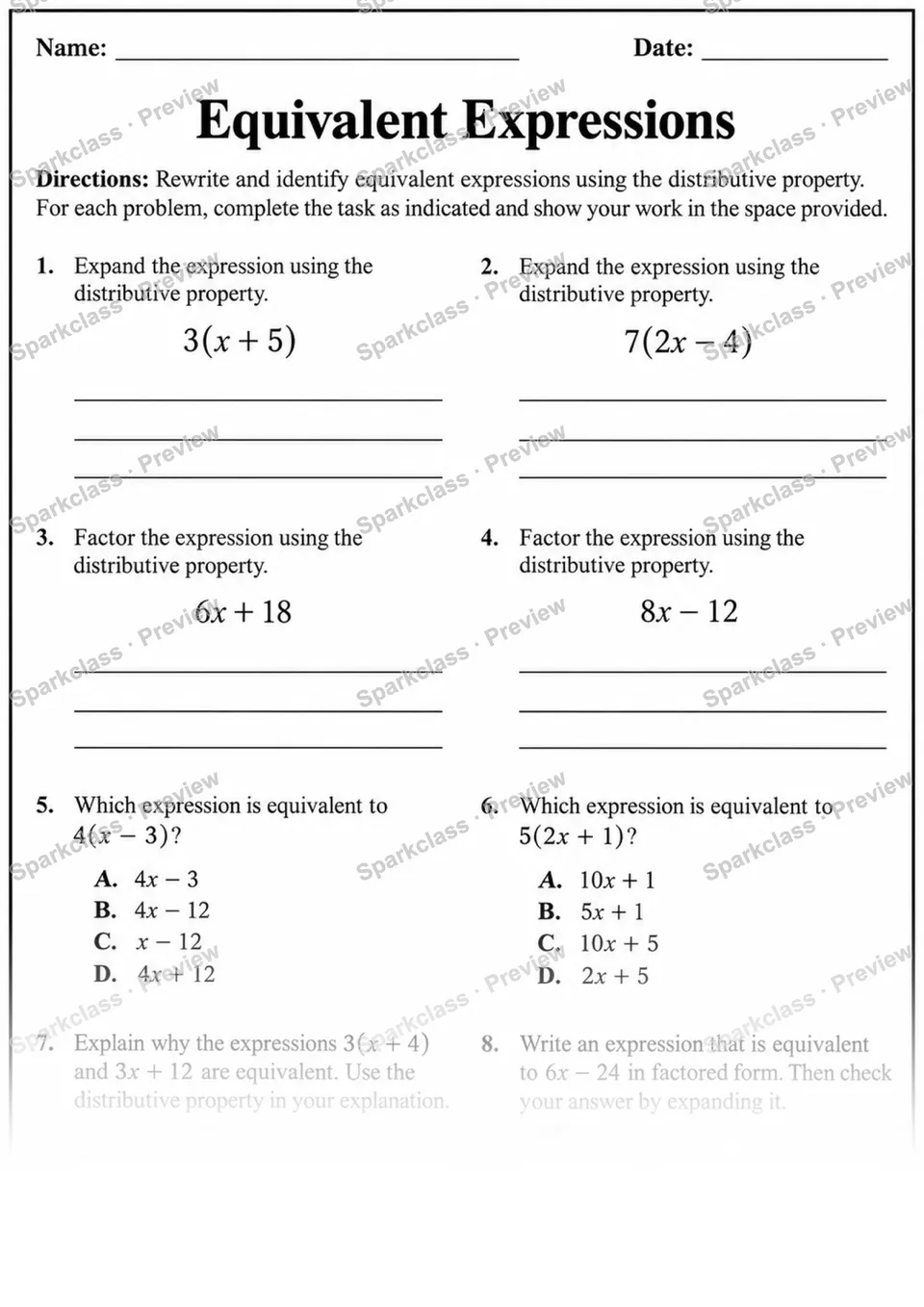 Equivalent Expressions · Distributive Property — page 1