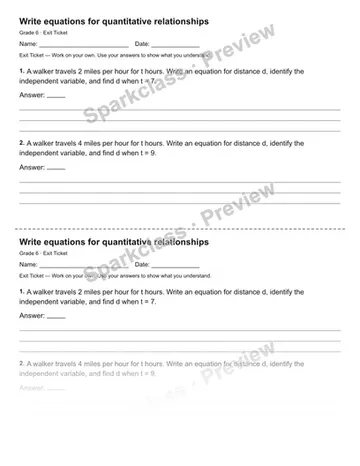 Write equations for quantitative relationships — Exit Ticket — Grade 6 worksheet preview