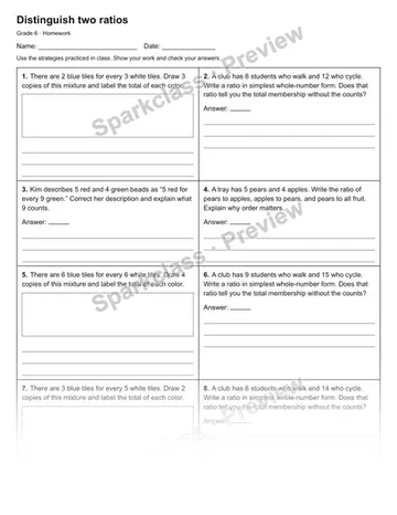Distinguish two ratios — Homework — Grade 6 worksheet preview