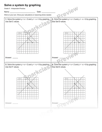 Solve a system by graphing — Independent Practice — Grade 8 worksheet preview