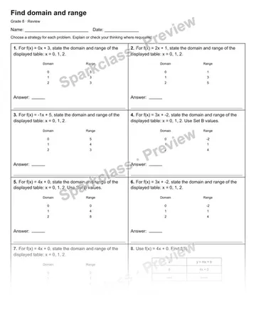 Find domain and range — Review — Grade 8 worksheet preview