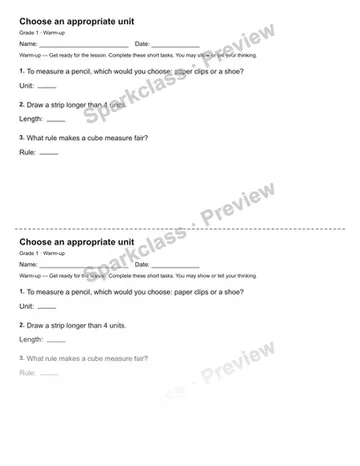 Choose an appropriate unit — Warm-up — Grade 1 worksheet preview