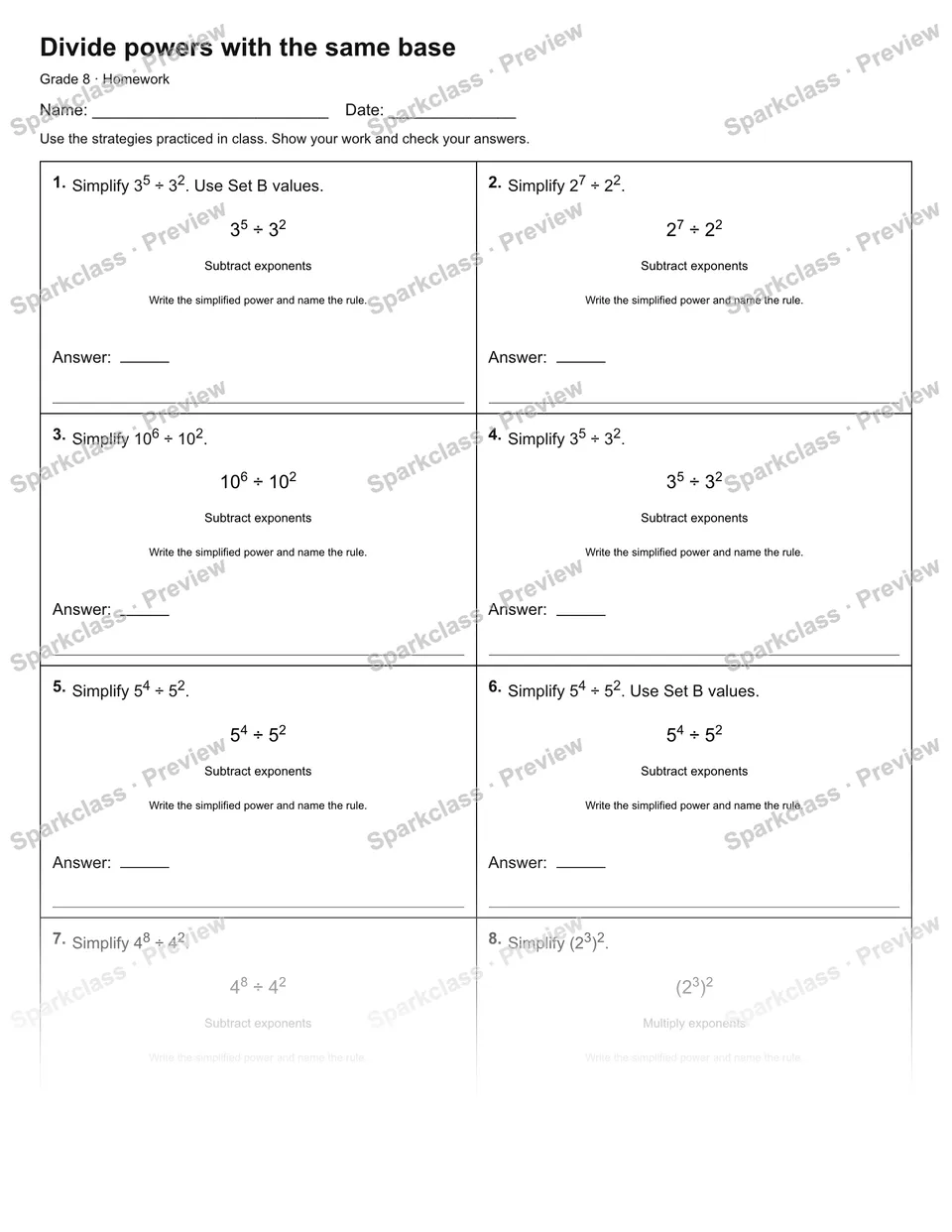 Divide powers with the same base — Homework — page 1
