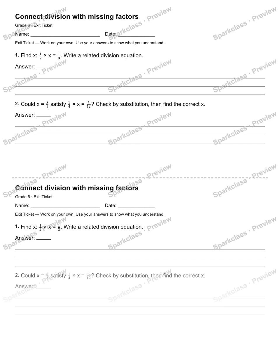 Connect division with missing factors — Exit Ticket — page 1