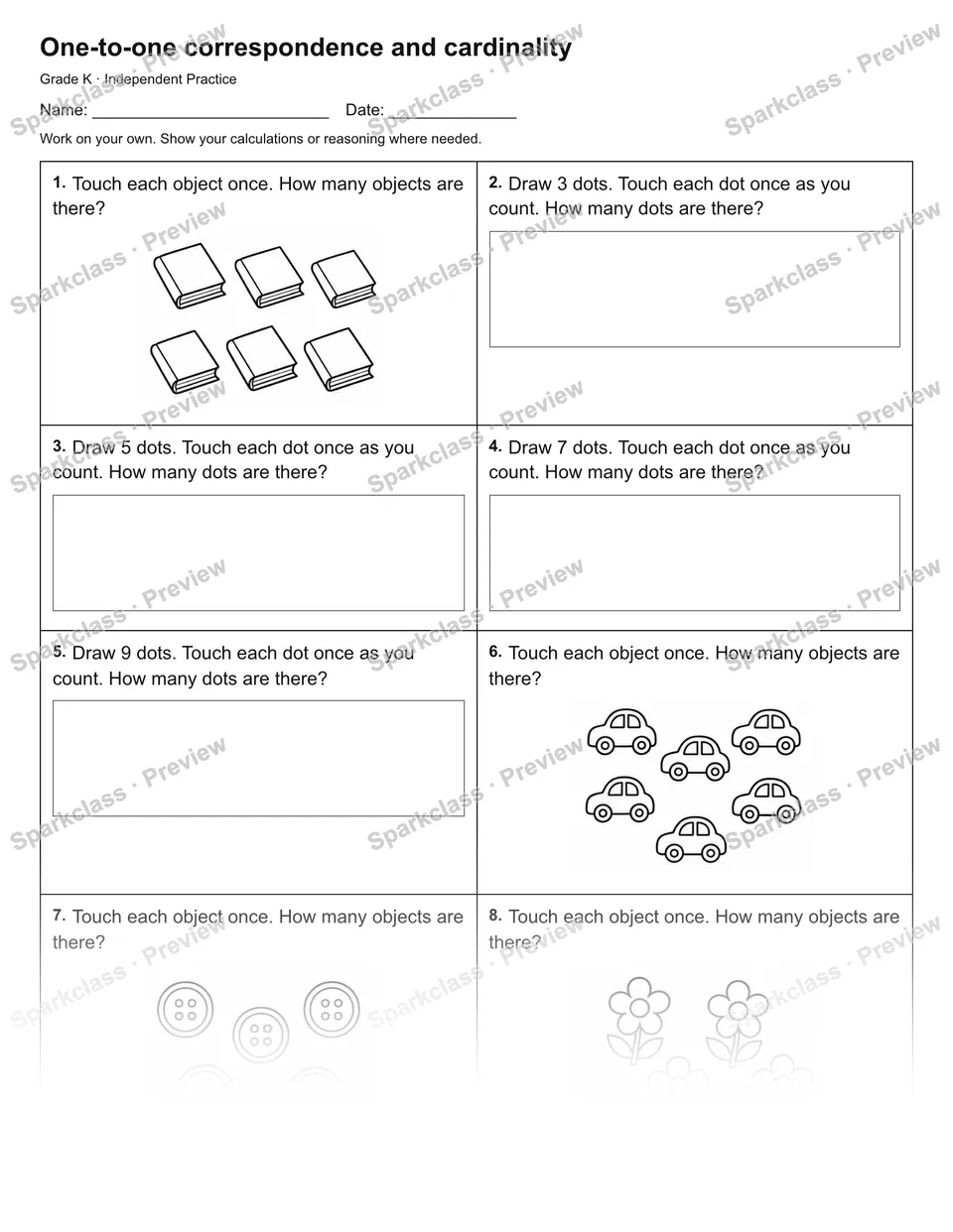 One-to-one correspondence and cardinality — Independent Practice — page 1
