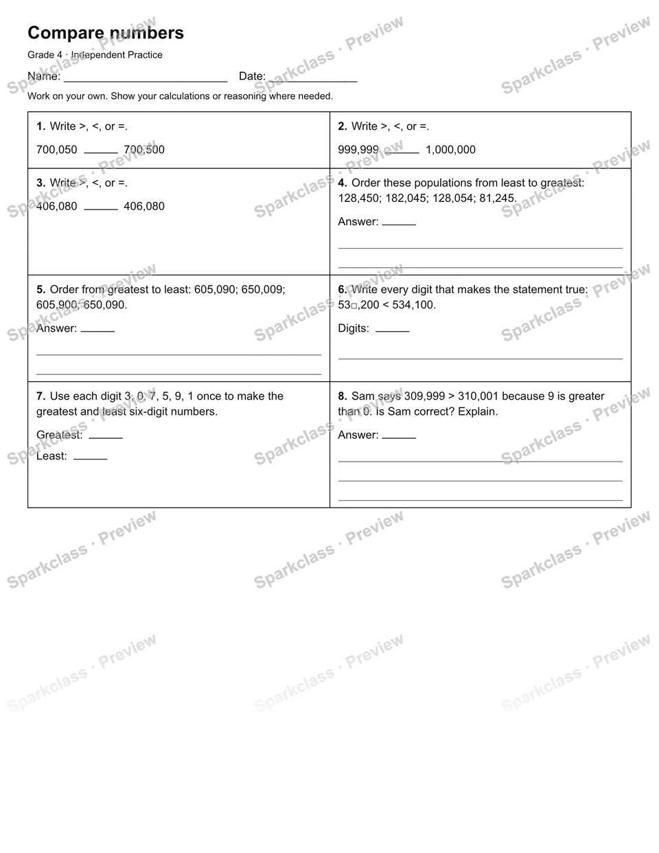 Compare numbers — Independent Practice — page 1