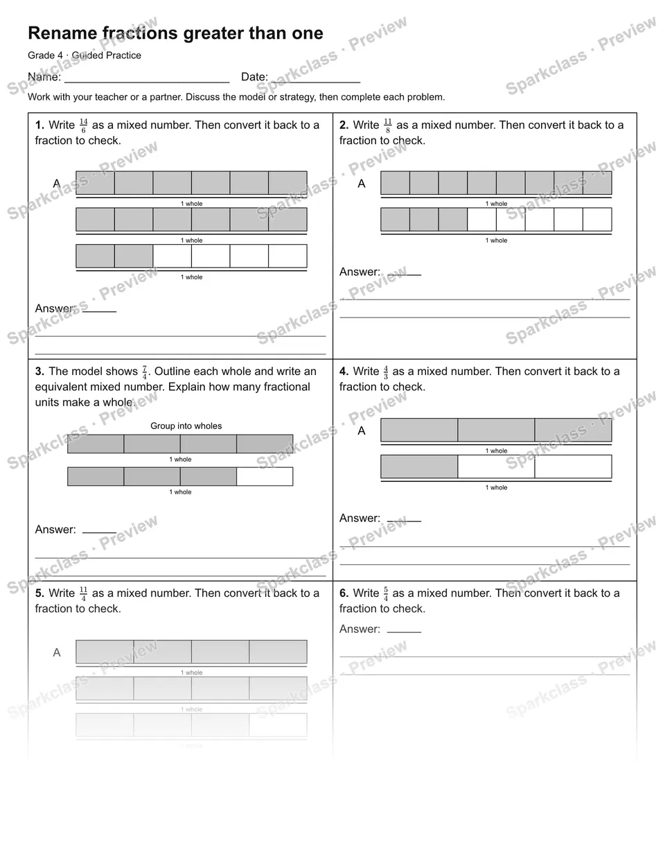 Rename fractions greater than one — Guided Practice — page 1