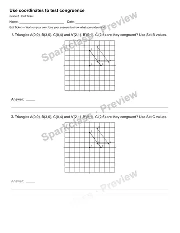 Use coordinates to test congruence — Exit Ticket — Grade 8 worksheet preview