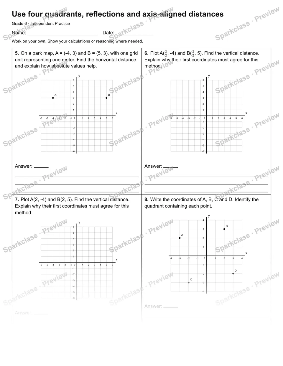 Use four quadrants, reflections and axis-aligned distances — Independent Practice — page 2