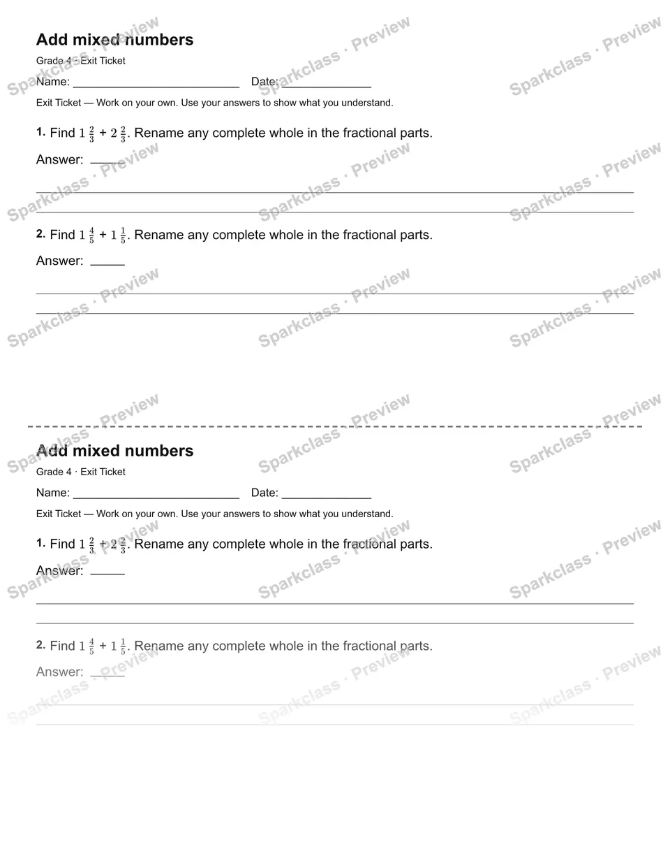 Add mixed numbers — Exit Ticket — page 1