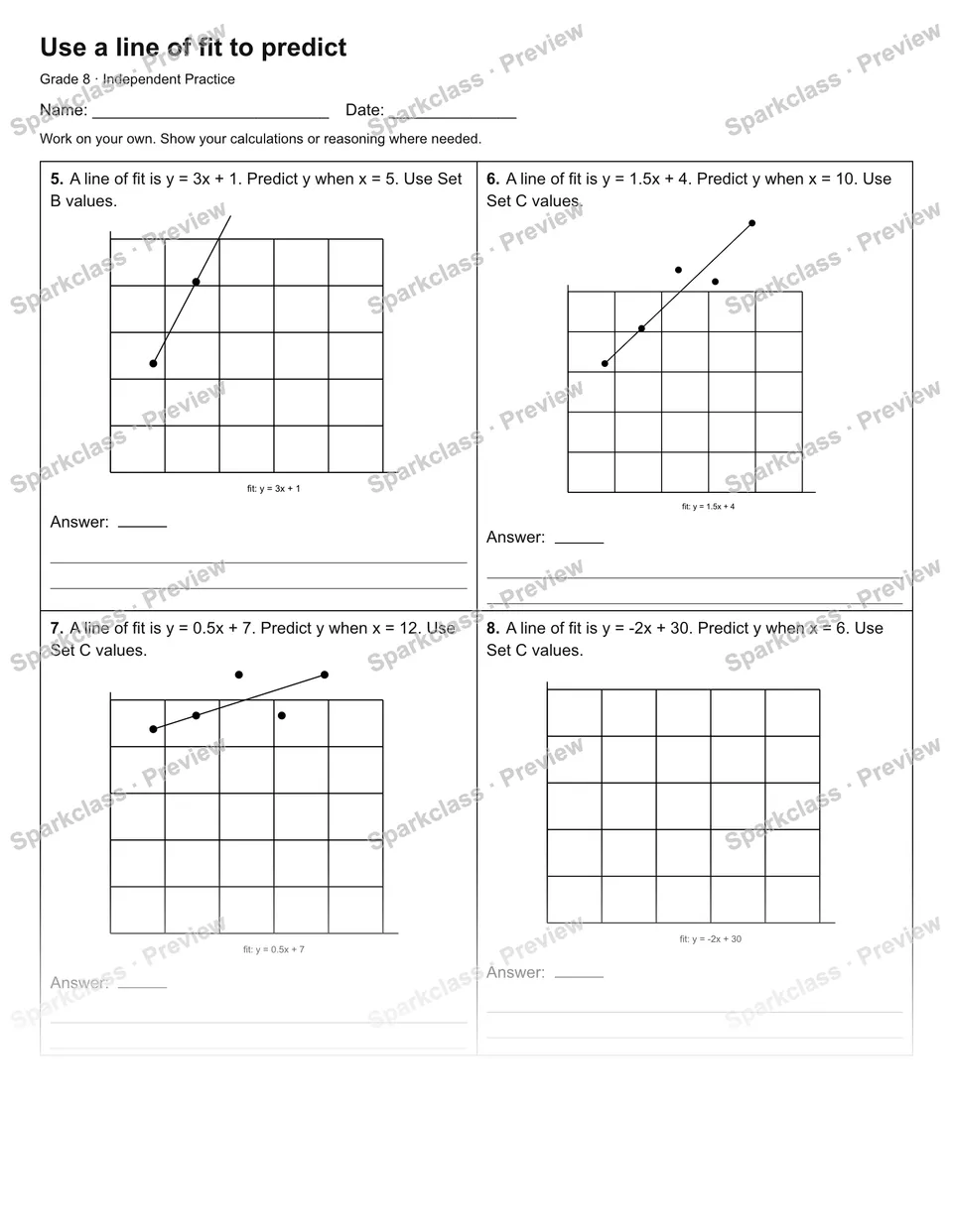 Use a line of fit to predict — Independent Practice — page 2