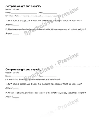 Compare weight and capacity — Exit Ticket — Kindergarten worksheet preview