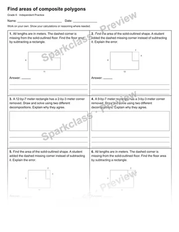 Find areas of composite polygons — Independent Practice — Grade 6 worksheet preview