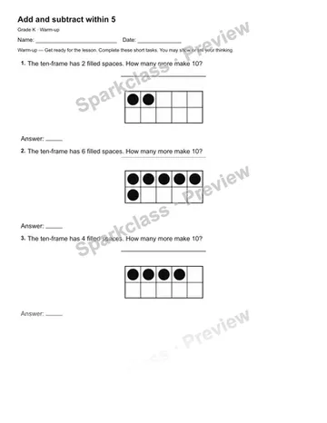 Add and subtract within 5 — Warm-up — Kindergarten worksheet preview