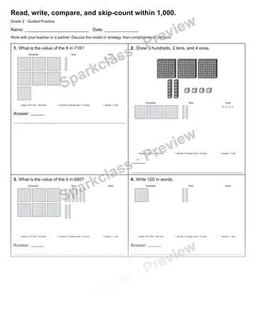 Read, write, compare, and skip-count within 1,000. — Guided Practice — Grade 2 worksheet preview