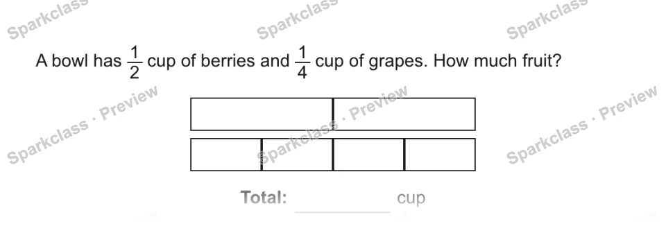 A bowl has 1/2 cup of berries and 1/4 cup of grapes. How much fruit? Total: cup — page 1