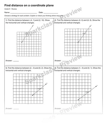 Find distance on a coordinate plane — Review — Grade 8 worksheet preview