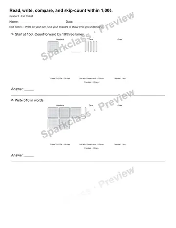 Read, write, compare, and skip-count within 1,000. — Exit Ticket — Grade 2 worksheet preview