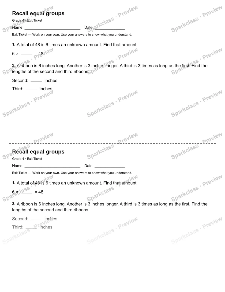 Recall equal groups — Exit Ticket — page 1