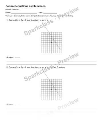 Connect equations and functions — Warm-up — Grade 8 worksheet preview