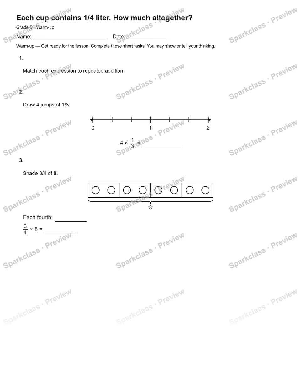Each cup contains 1/4 liter. How much altogether? — Warm-up — page 1