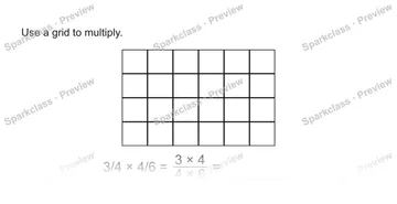 Use a grid to multiply. 3/4 × 4/6 = 3 × 4/4 × 6 = — Grade 5 problem preview