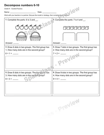 Decompose numbers 6-10 — Guided Practice — Kindergarten worksheet preview