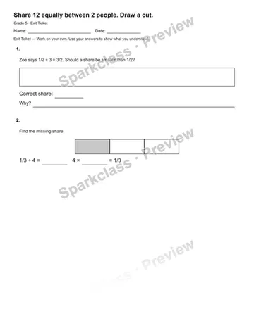 Share 12 equally between 2 people. Draw a cut. — Exit Ticket — Grade 5 worksheet preview