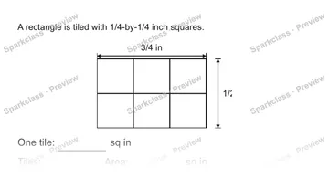 A rectangle is tiled with 1/4-by-1/4 inch squares. 3/4 in 1/2 in One tile: sq in Tiles: Area: sq in — Grade 5 problem preview