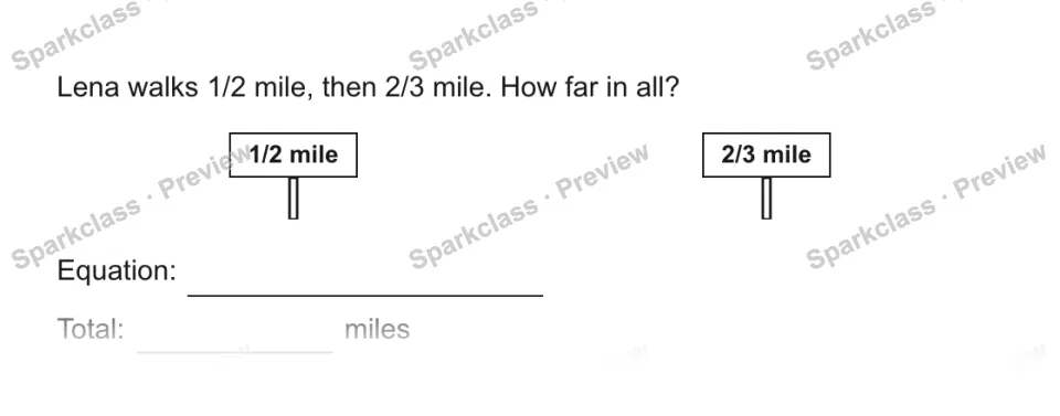 Lena walks 1/2 mile, then 2/3 mile. How far in all? 1/2 mile 2/3 mile Equation: Total: miles — page 1