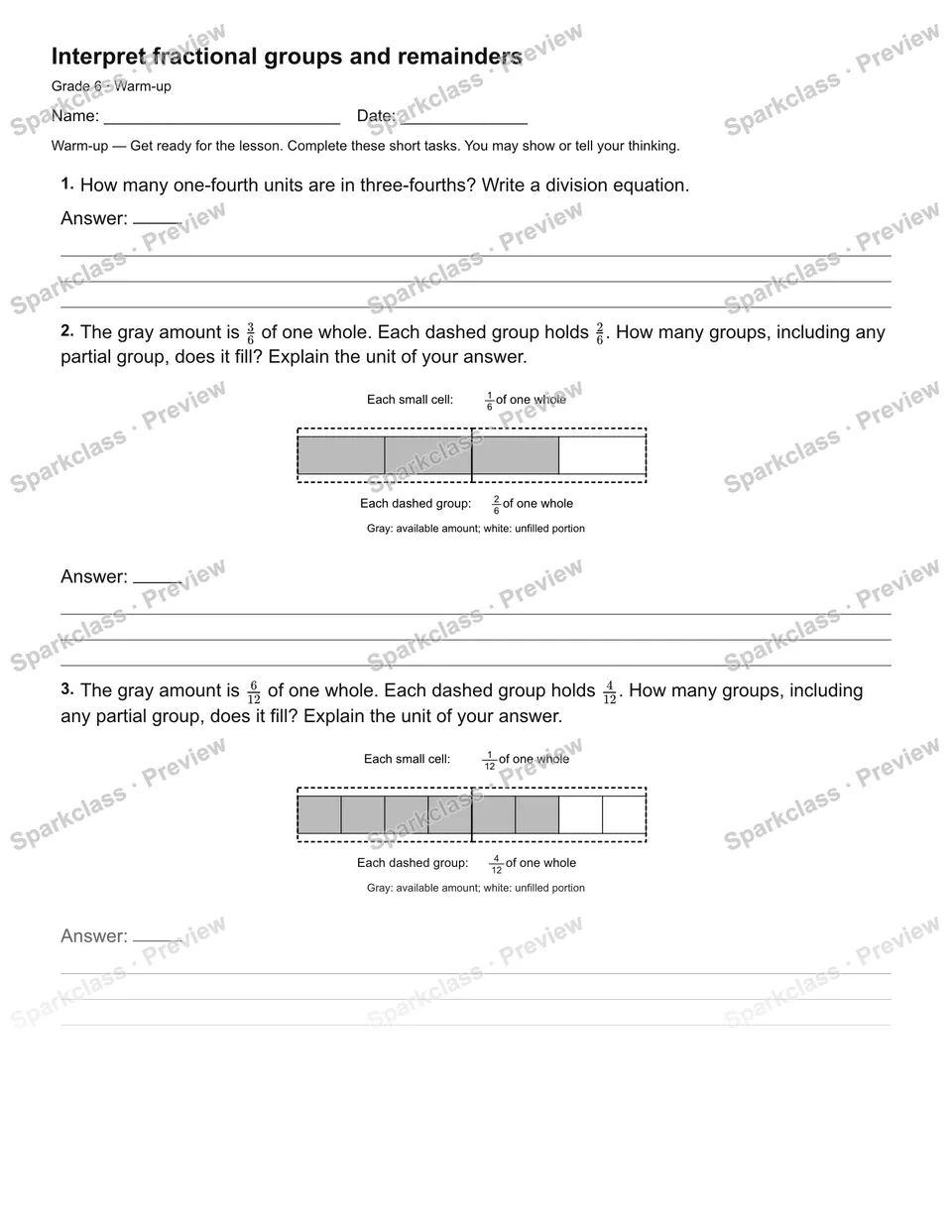 Interpret fractional groups and remainders — Warm-up — page 1
