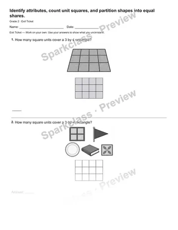 Identify attributes, count unit squares, and partition shapes into equal shares. — Exit Ticket — Grade 2 worksheet preview