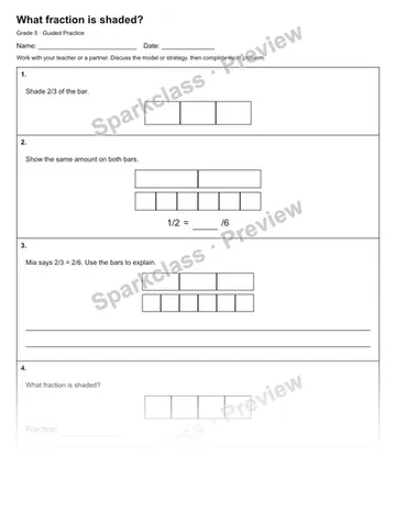 What fraction is shaded? — Guided Practice — Grade 5 worksheet preview